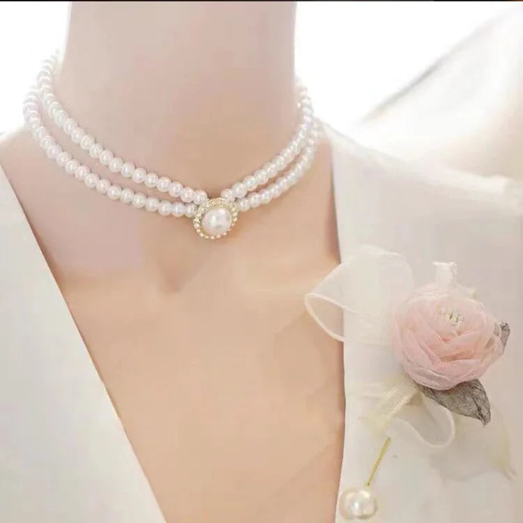 Women Elegant Pearl Double Layers Necklace Earrings Exquisite Vintage Classic Chains For Lady Party Wedding Retro Jewelry Choker