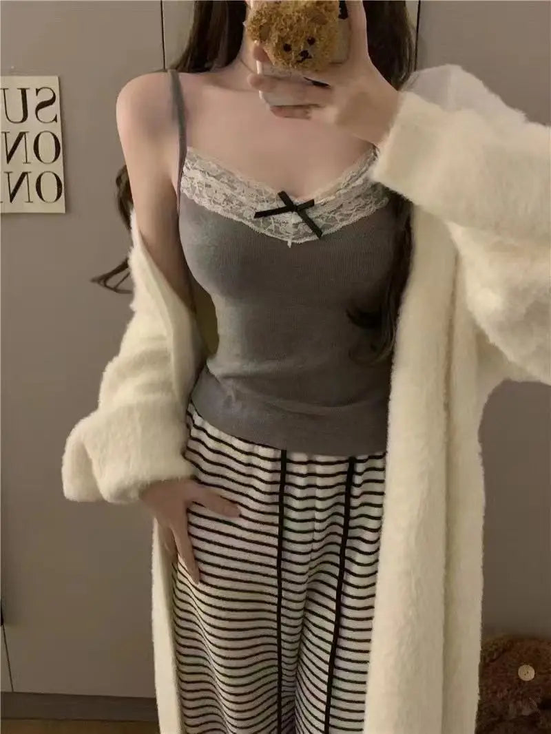 Women Camisole Tank Tops Sexy Bow Sleeveless Corset Top with Chest Pad Sweet Lace Patchwork Crop Tops Summer Slim Elegant Camis