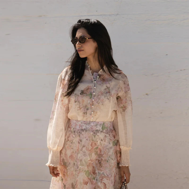 Elegant Floral Printed Long Skirts Set Women Loose Full Sleeve Single Breasted Shirts Pleated Skirt 2025 Summer Lady New Suits