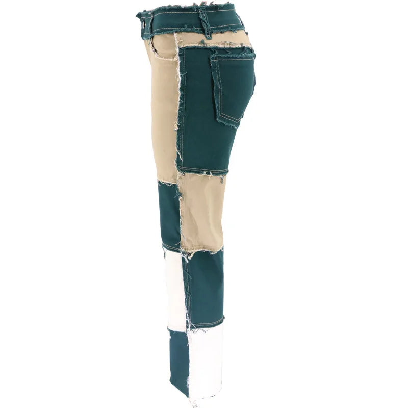 2025 Hot Sale Mixed Color Patchwork Jeans For Women Fashion High Stretch Denim Straight Pants Street Hipster Trousers XS-2XL
