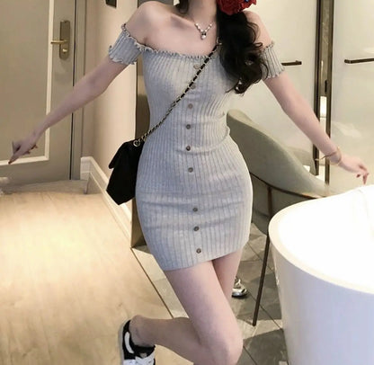 Woman Dress for Women 2025 Vestidos De Mujer Fashion Slash Neck Tunic Robe Femme Ruffles Bodycon Knitted Button Summer Dresses