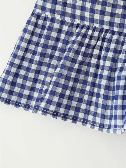 Women's Tops New Summer 2025 Small Check Tops Embroidered Trims Sexy Deep V-Neck Casual Fashion Versatile Personality