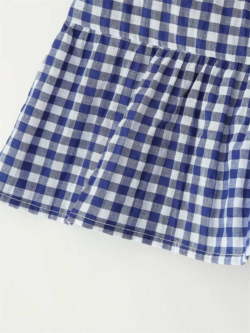 Women's Tops New Summer 2025 Small Check Tops Embroidered Trims Sexy Deep V-Neck Casual Fashion Versatile Personality