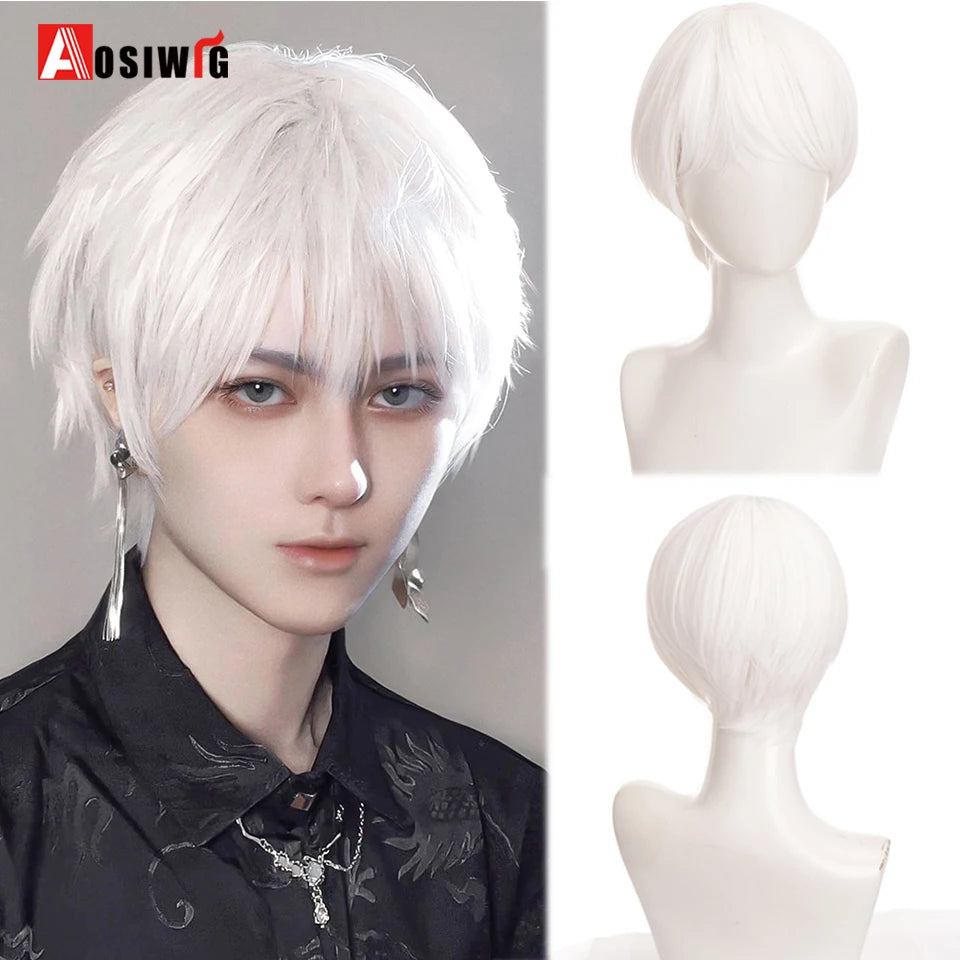 AOSIWIG  Short Curly Cosplay Men Boy Party Light Yellow Synthetic Heat Resistant Hair Wigs Men's Breathable Wig