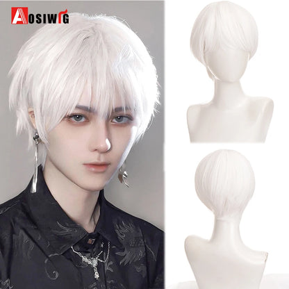 AOSIWIG  Short Curly Cosplay Men Boy Party Light Yellow Synthetic Heat Resistant Hair Wigs Men's Breathable Wig