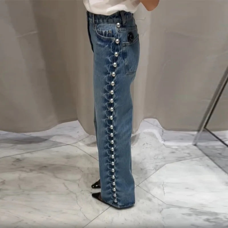 Women's Fashion Punk Washing Denim Pant Vintage Metal Straight Wide Leg Long Jeans 2025 New Lady Y2k Fashion Denim Trousers