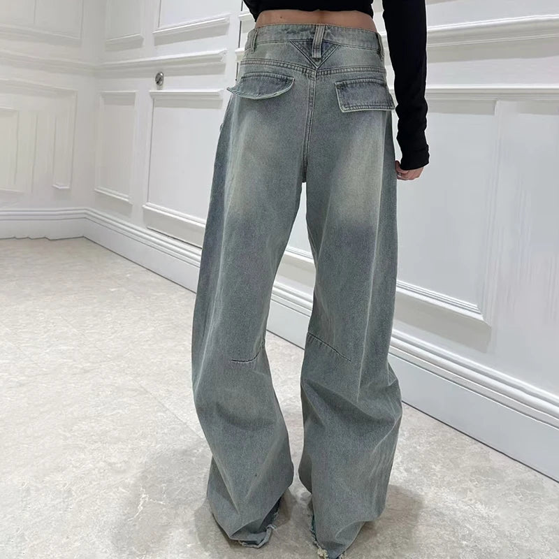 Women's Jeans, Double Waistband Washed Scimitar Work Pants, High Quality Cotton Wide Leg Pants, 2025, Spring, New, y2k