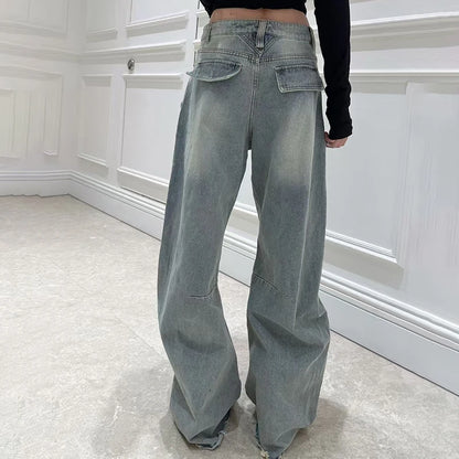 Women's Jeans, Double Waistband Washed Scimitar Work Pants, High Quality Cotton Wide Leg Pants, 2025, Spring, New, y2k
