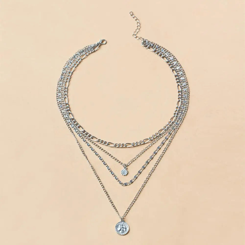 Women Necklace Multi-layered Coin Pendant Punk Style Necklace Hollow Chain Adjustable Length Hip Hop Club Party Neck Jewelry