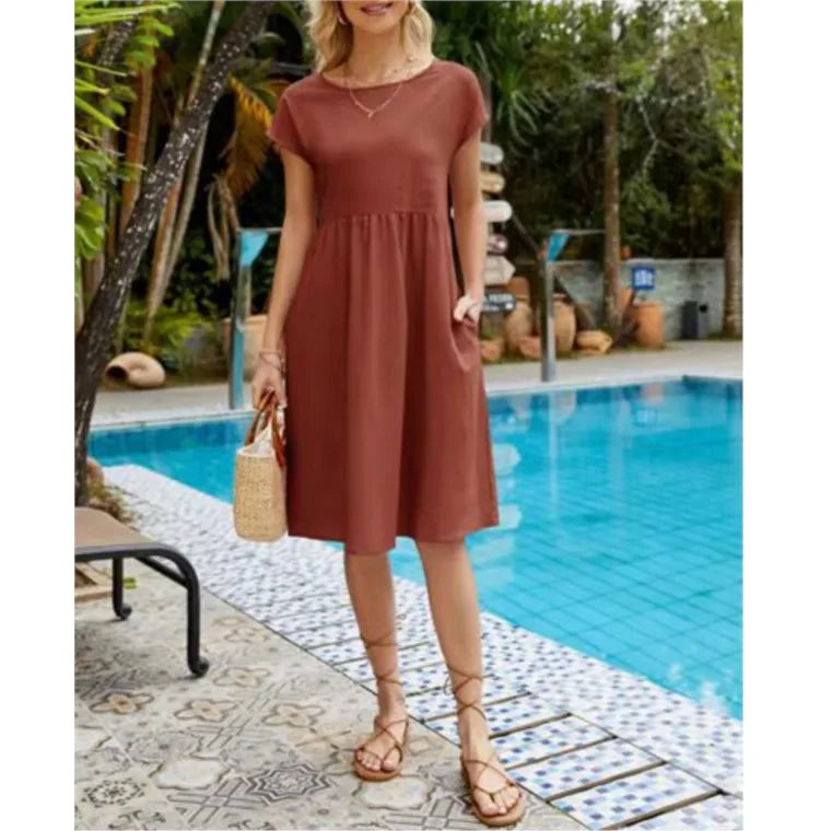 Women's Dresses 2025 Summer Fashion Casual Dresses Women Loose Mid Length Over Knee Dress New Short Sleeve Solid Dress Woman
