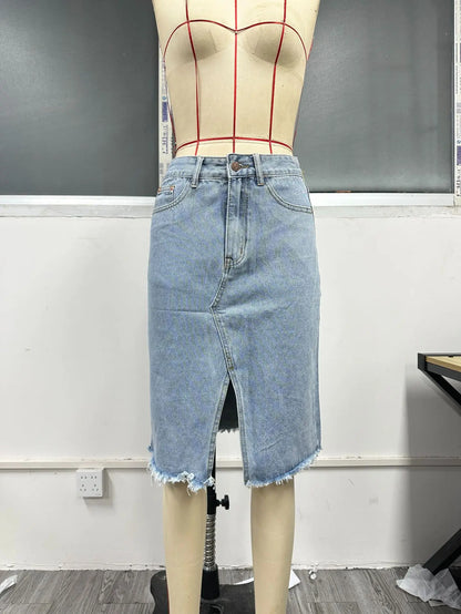 Fashion Midi Cotton Denim Skirt Women 2024 Casual Slim High Waist Asymmetrical Blue Jean Skirts Y2k Faldas Elegant