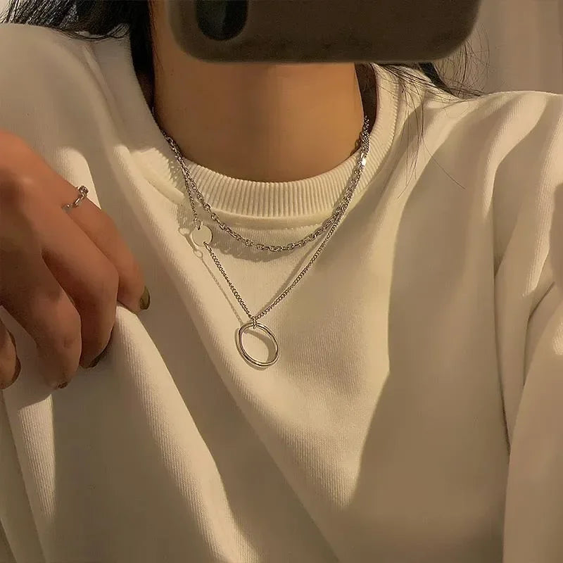 Geometric Circle Necklace for Women Fashion Hip-hop Double Layered Choker Collarbone Chains Niche Design Trendy Sweater Chain