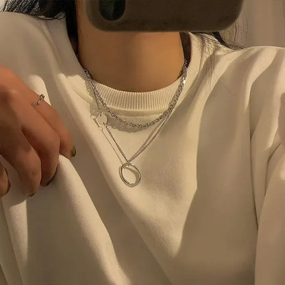 Geometric Circle Necklace for Women Fashion Hip-hop Double Layered Choker Collarbone Chains Niche Design Trendy Sweater Chain
