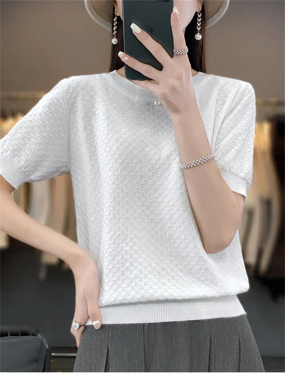 Women's T-shirt Summer 100% Cotton Sweater Short Sleeve Solid Color Round Neck Ladies Tops Loose Blouse Basic Pullover Tees