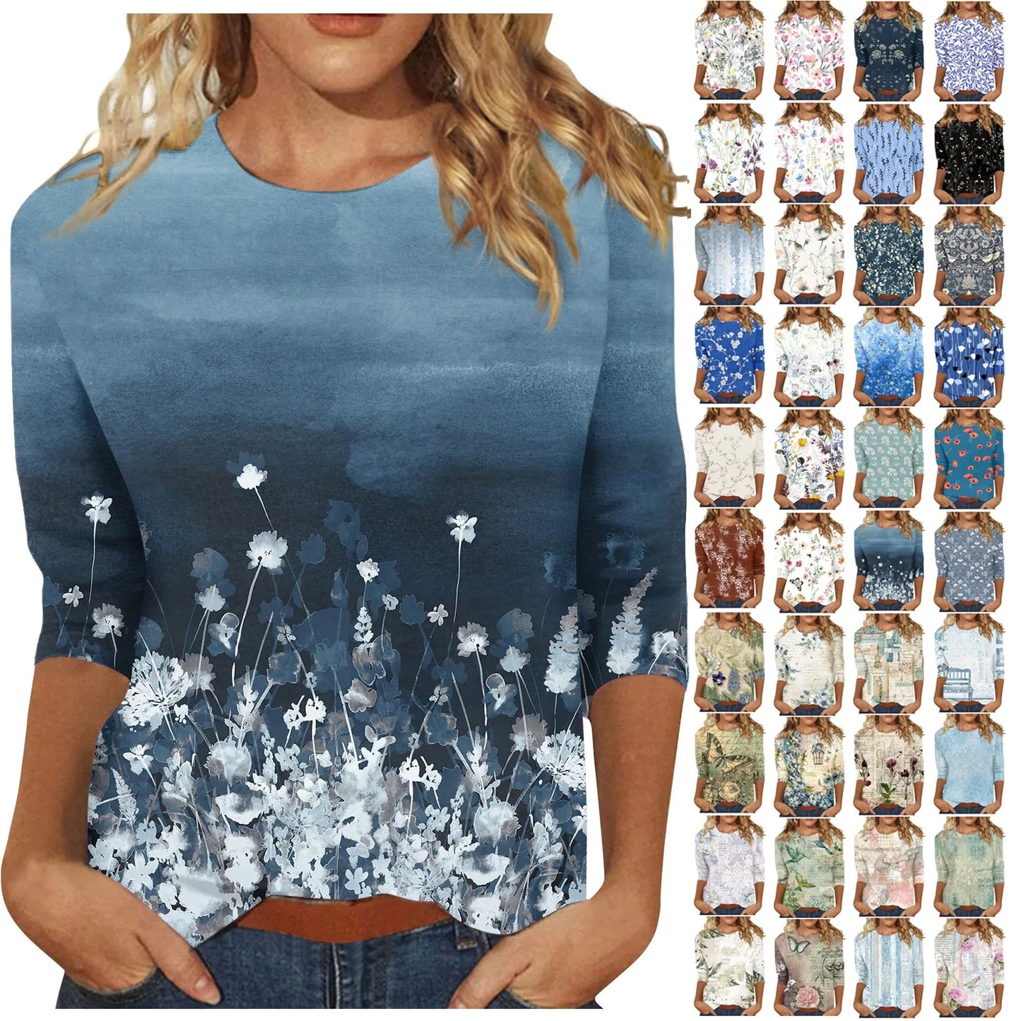 2024 Women Summer Tops Comfortable T Shirt Fashion Flower Print Round Neck 3/4 Sleeve Tops Soft Versatile Pullover Ropa De Mujer