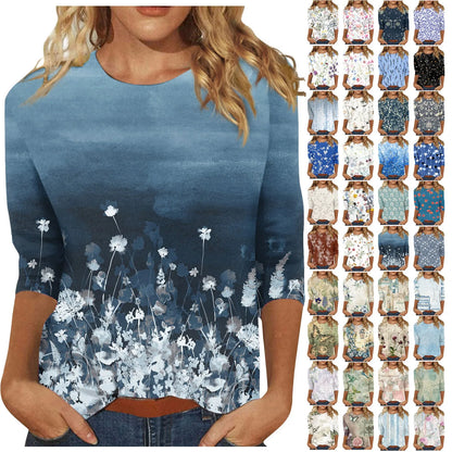 2024 Women Summer Tops Comfortable T Shirt Fashion Flower Print Round Neck 3/4 Sleeve Tops Soft Versatile Pullover Ropa De Mujer