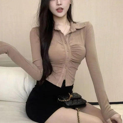 White Blouse for Women Turndown Collar Tunic Folds Temperament Crop Tops 2025 Blusas Mujer De Moda Fashion Sexy Shirts Blouses