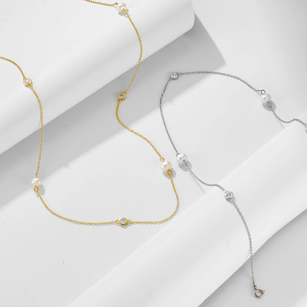 fashion jewelry 925 sterling silver necklaces natural freshwater pearl round zircon gold plated necklaces for women