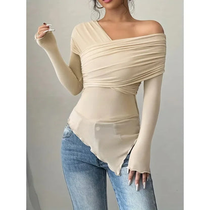 Women's Tops Summer Casual Fashion V-Neck Long Sleeve Strapless Top T-Shirt Women Clothing Feminist Shirt Harajuku Y2k Top