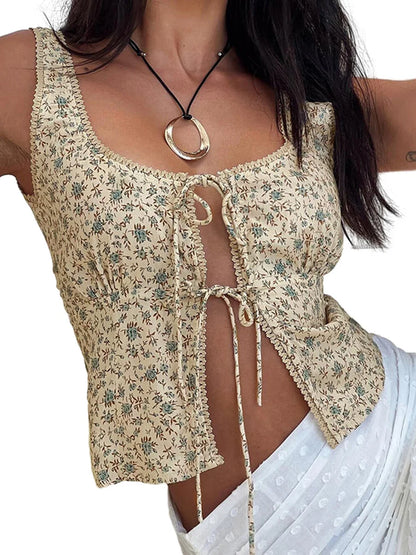 Women Tank Tops Fashion Floral Print Front Tie Up Vests Summer Slim Fit Sleeveless Cropped Top Y2K New Female Camis Streetwear