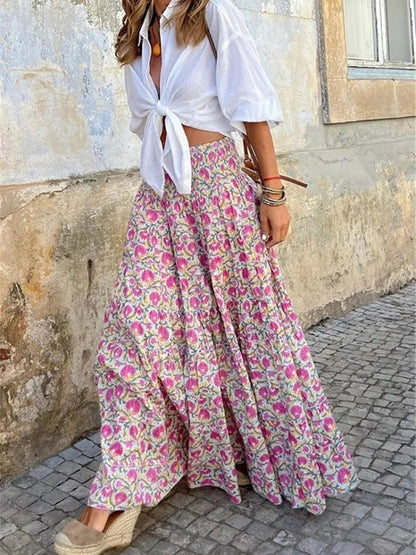 Fashion Skirts for Women Flower Printing Long Skirt Elastic Waist Elegant Clothing  Casual Loose