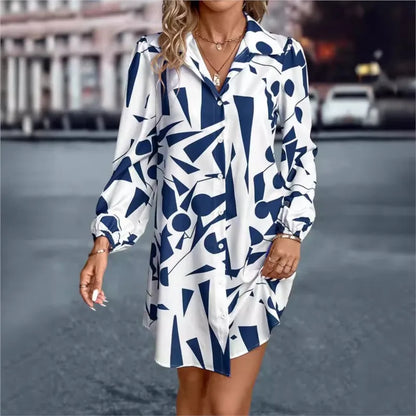 Women's Dresses New Printing Loose V-Neck Single Breasted Long Sleeve Elegant Casual Streetwear In 2024 Summer Vestidos For Lady