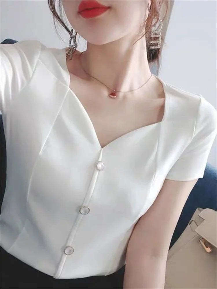 Womens Tops And Blouses Summer Short Sleeve Blouse Women Blusas Mujer De Moda 2022 Turtleneck Knitted Blouse Shirt Tops