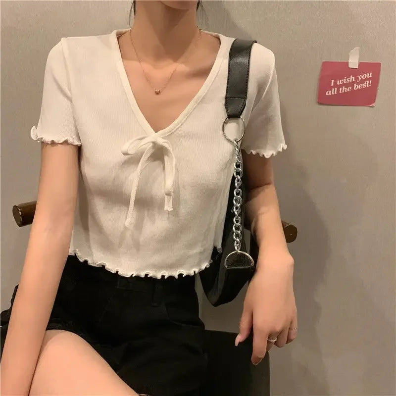 Tops Woman Short Sleeve T Shirt for Women V Neck New in Knitwears Plain Sexy Crop Korean Fashion Reviews Clothes Many Polyester