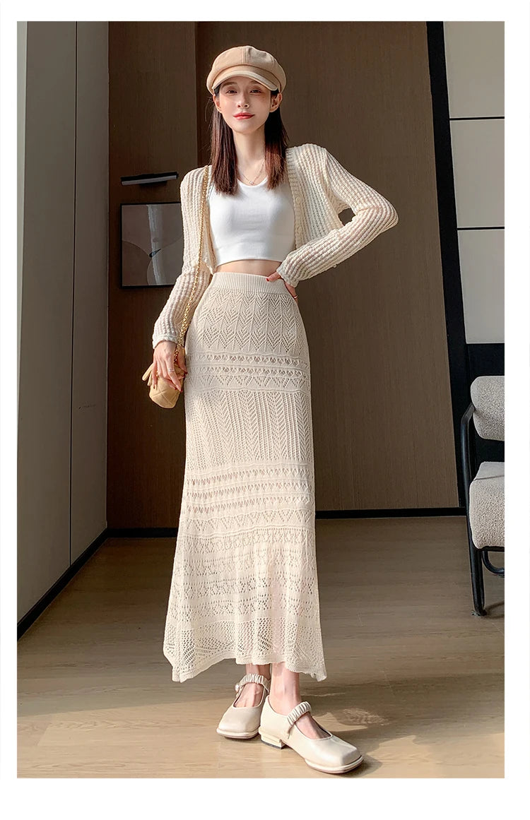 Skirts Women Trumpet High Waist Long Skirt Female Summer Elegant Knitted Hollow Out Fahison Skirt Bottom