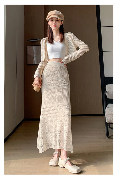 Skirts Women Trumpet High Waist Long Skirt Female Summer Elegant Knitted Hollow Out Fahison Skirt Bottom