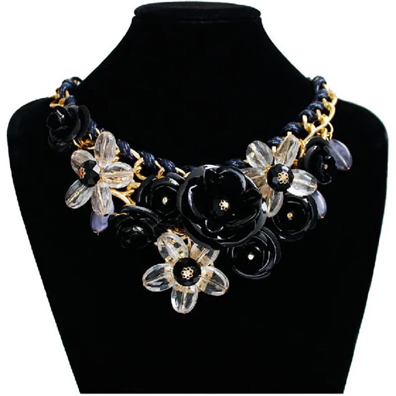 Womens Necklace Colorful Flowers Woven Short Collarbone Chain