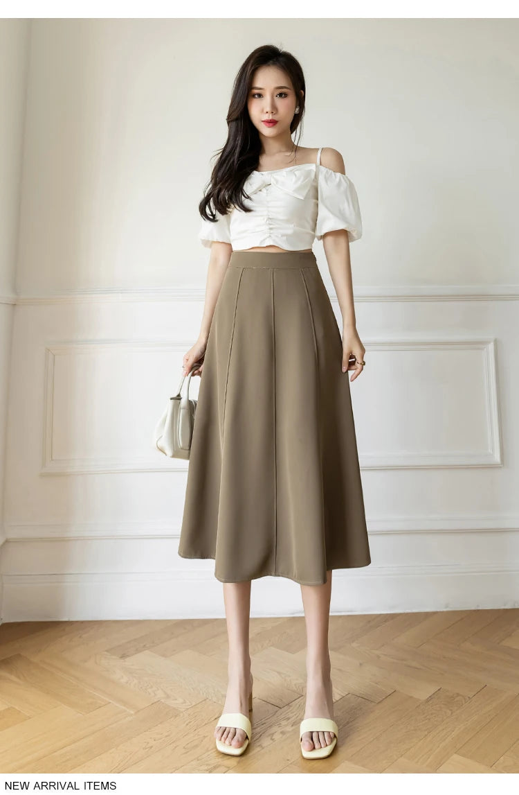 Women's Skirt 2025 Spring Women High Waist Solid Vintage Girl's Waist Down Skirt Knee-length A-line Fashion Thin Skirt for Women