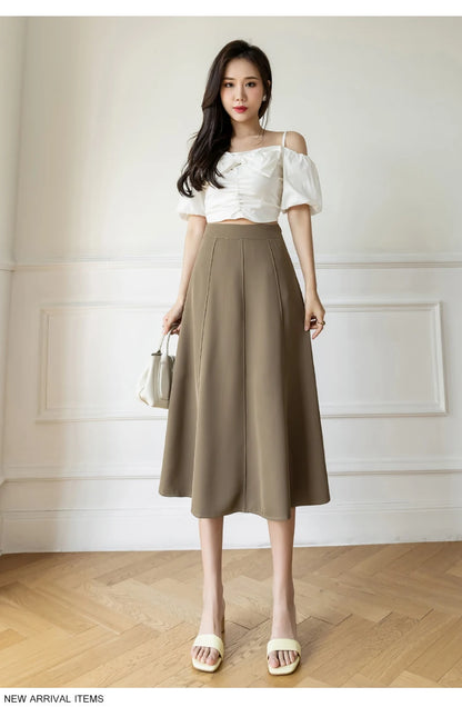 Women's Skirt 2025 Spring Women High Waist Solid Vintage Girl's Waist Down Skirt Knee-length A-line Fashion Thin Skirt for Women