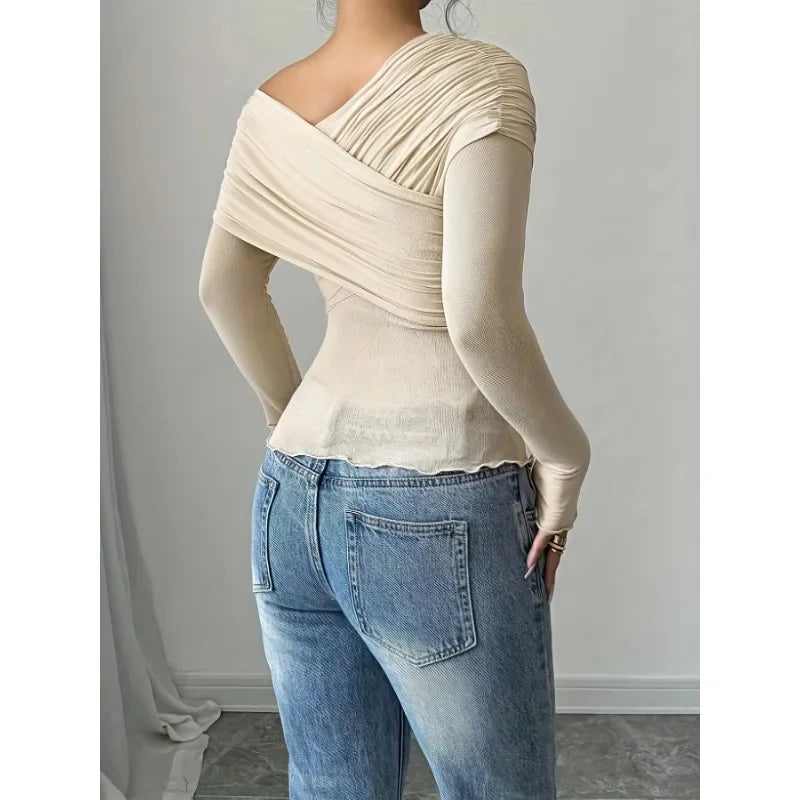 Women's Tops Summer Casual Fashion V-Neck Long Sleeve Strapless Top T-Shirt Women Clothing Feminist Shirt Harajuku Y2k Top