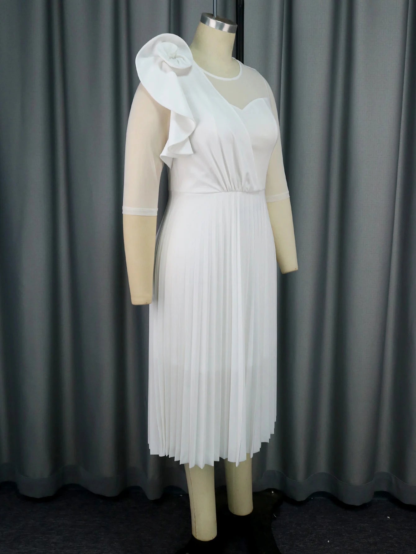 Elegant White Dresses for Women Pleated Ruffles Flower Tulle Sleeves Patchwork Classy Occasion African Wedding Guest Birthday