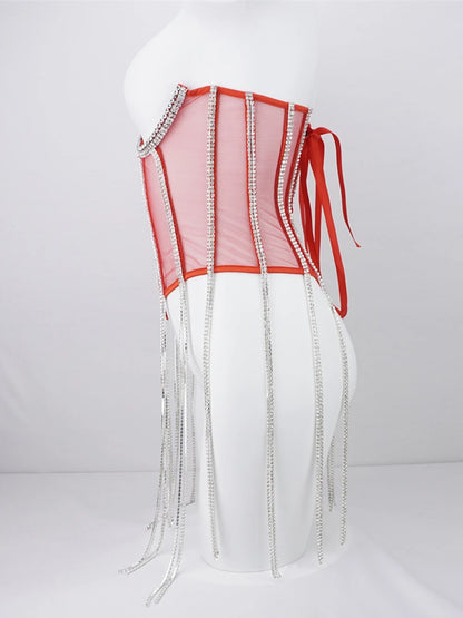 Women Tunic Bras In Waist Corset Tops Fashion Diamond Luxury Diamond Tassel Corset Slim Vest Sexy Tmesh Sheer Top Female 2025