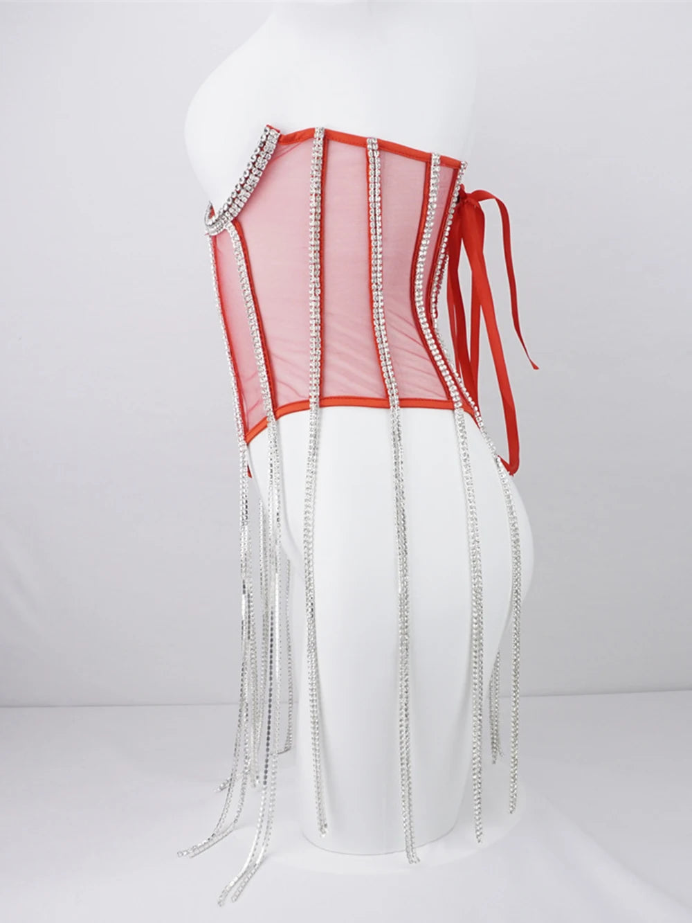 Women Tunic Bras In Waist Corset Tops Fashion Diamond Luxury Diamond Tassel Corset Slim Vest Sexy Tmesh Sheer Top Female 2025