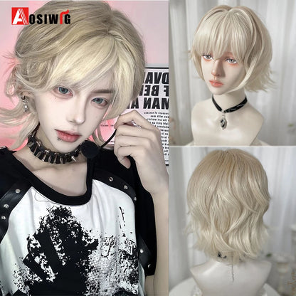 AOSIWIG  Short Curly Cosplay Men Boy Party Light Yellow Synthetic Heat Resistant Hair Wigs Men's Breathable Wig