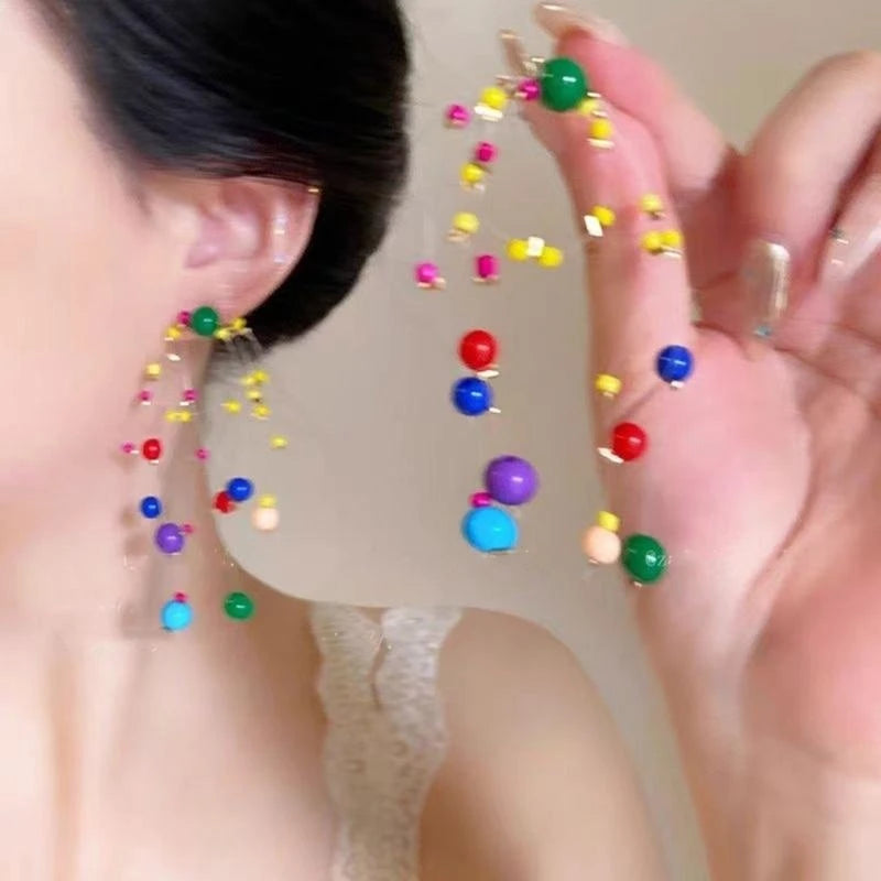 Long Colorful Earrings with Beads Colorful Beaded Earrings Eye Catching Earwear