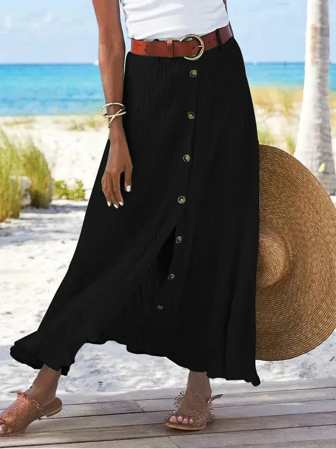Women Skirt 2025 Spring Summer New Fashion Casual Cotton And Linen Solid Color Buttons Skirt Split A- Line Hip Waist Long Skirt