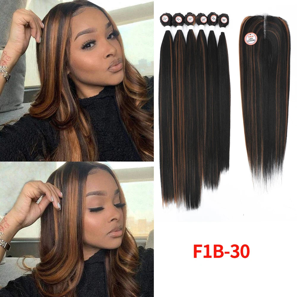 Synthetic Hair Weaving Bundles with 4*4 Clousure Lace Frontal Ombre Wig Natural Wave Straight Hair Extensions Soku Hair Weave