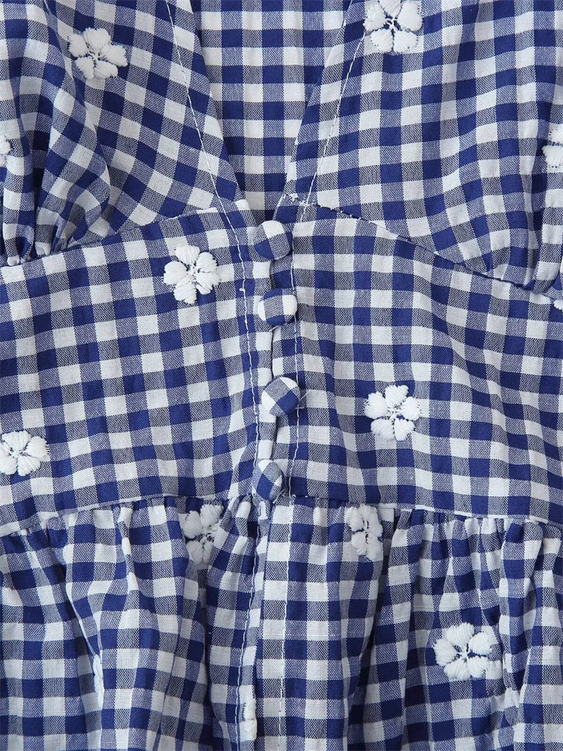 Women's Tops New Summer 2025 Small Check Tops Embroidered Trims Sexy Deep V-Neck Casual Fashion Versatile Personality