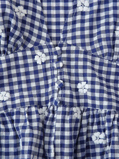 Women's Tops New Summer 2025 Small Check Tops Embroidered Trims Sexy Deep V-Neck Casual Fashion Versatile Personality