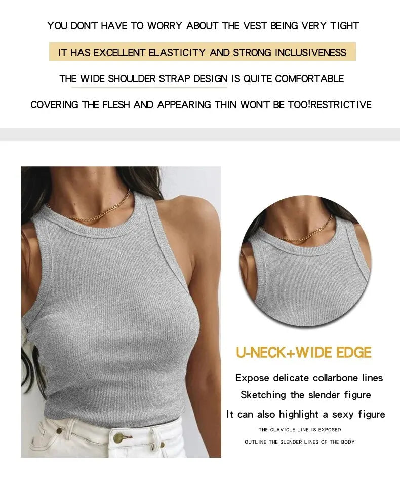 Women's Tank Top Crop Sexy Off Shoulder O Neck Solid Ribbed Knitted Casual Sport Vest Basic Elastic Camisole