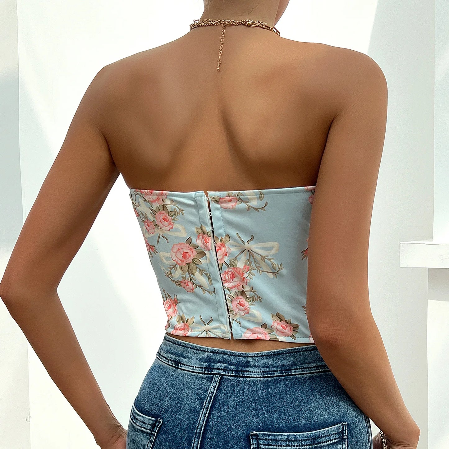Women Floral Top Sexy Spicy Girl Tank Top Low cut Open Back Flower Wrapped Chest Diamond Fish Bone Strap Waist Vest Tank Top