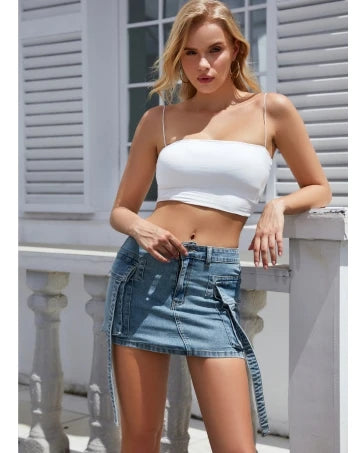 Women Cargo Skirt Denim Mini Low Waist Y2K Jean Skirts with Pockets