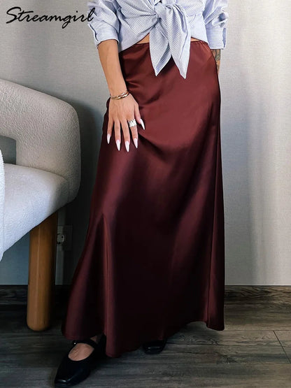 Long Black Satin Skirts Women For Work Summer Autumn Straight Brown Skirt Long Belt Coffee Formal Silk Maxi Skirt For Ladies