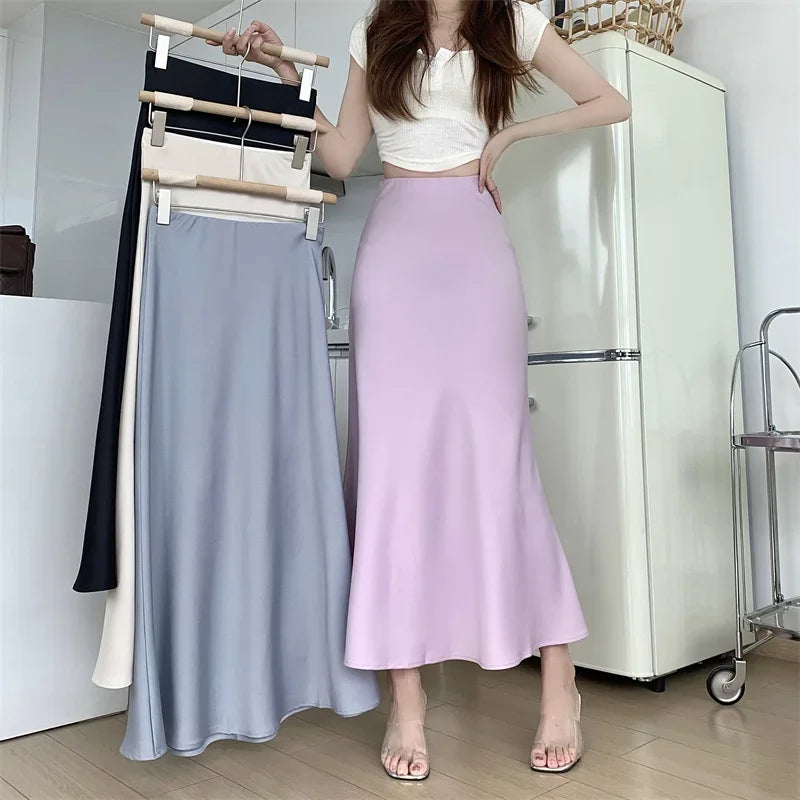 Satin Skirts for Women Korean Reviews Many Girls Clothes Women's 2025 Summer NEW High Waisted Mid Long Skirts Fashion women skir