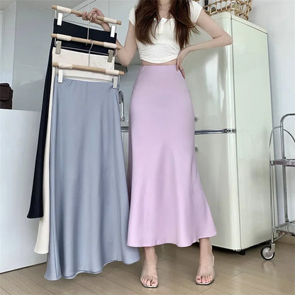 Satin Skirts for Women Korean Reviews Many Girls Clothes Women's 2025 Summer NEW High Waisted Mid Long Skirts Fashion women skir