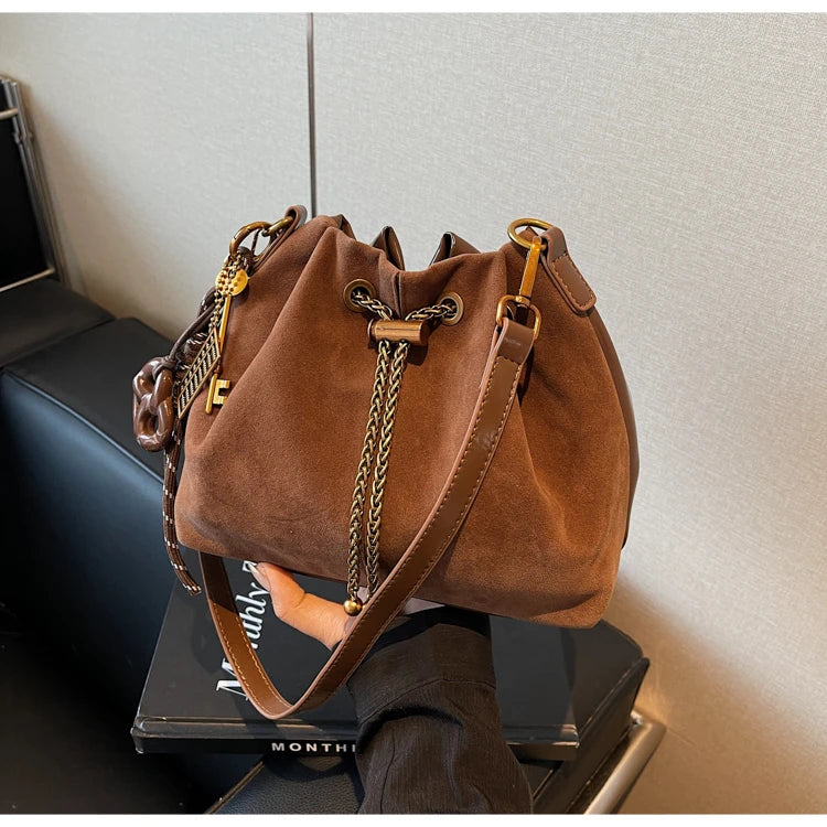 Women Vintage One Shoulder Bag Frosted Solid Drawstring Soft All-Match Bucket Bags High-Grade Versatile Commute Crossbody Packs